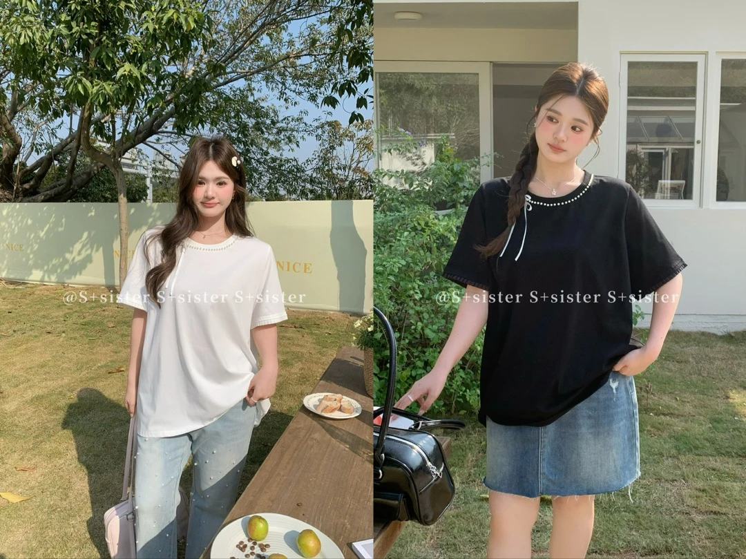 春季大码珍珠领T恤