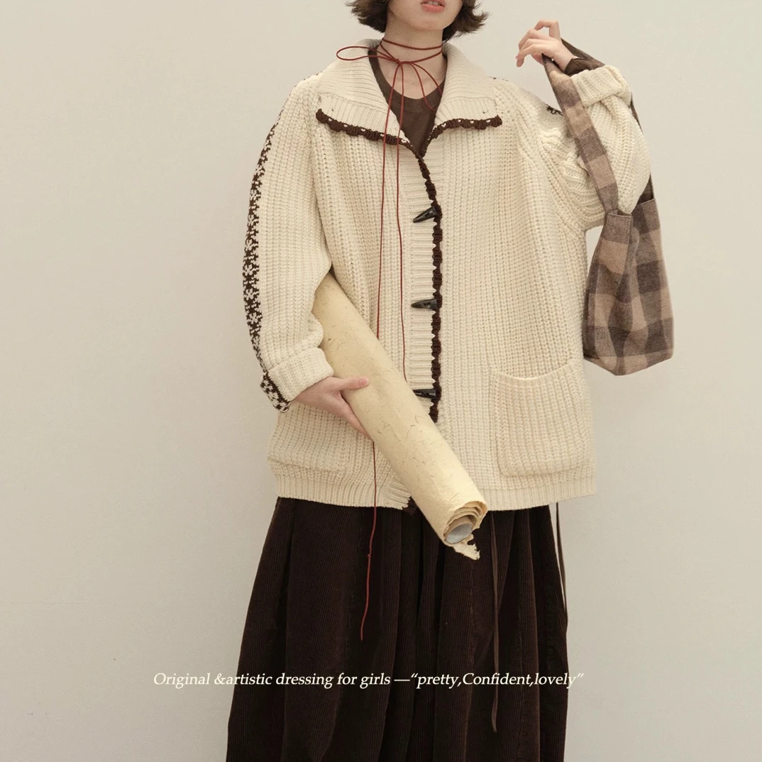 【海岛简爱】韩版牛角扣宽松针织开衫毛衣2070