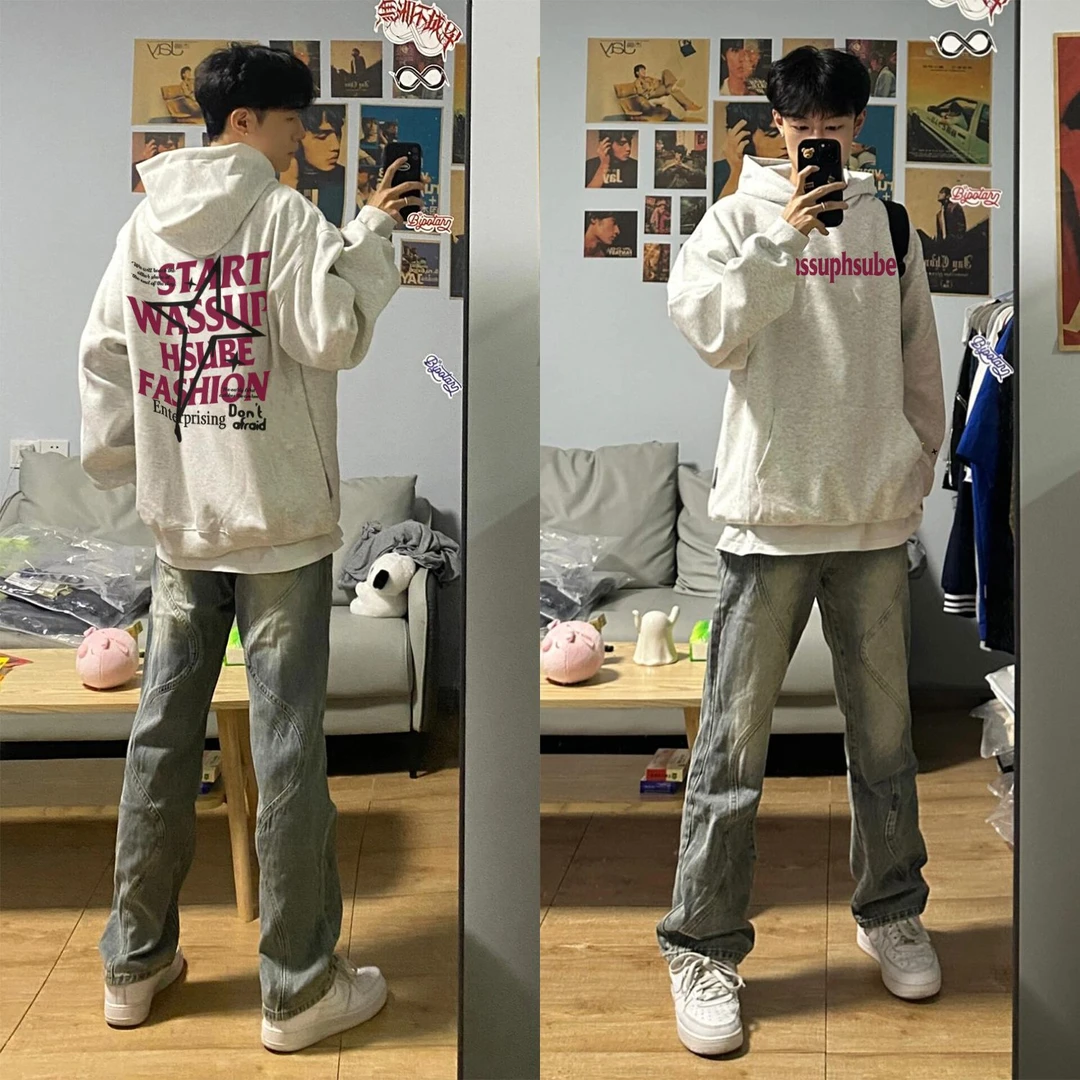 WASSUP HSUBE潮流印花长袖艺术字母卫衣秋冬星星宽松休闲情侣上衣