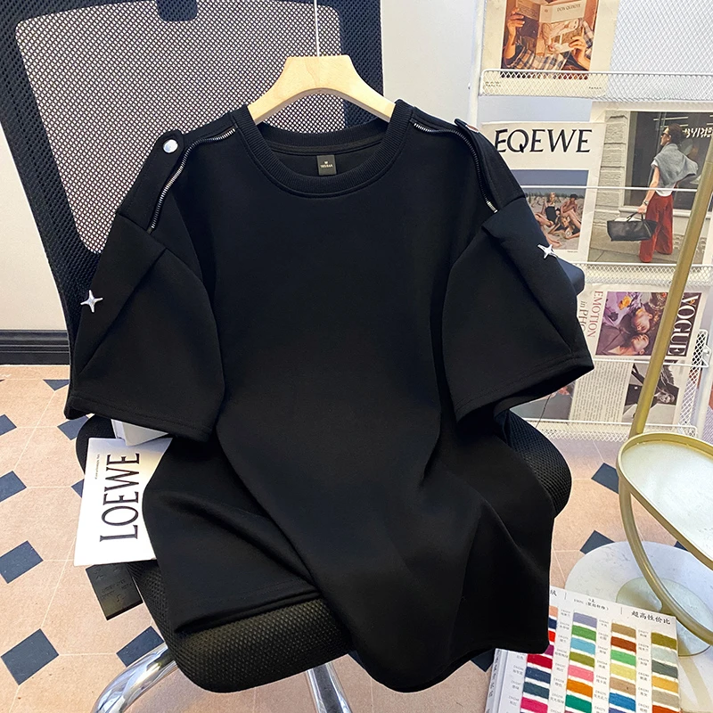 欧若风设计感小众金属装饰短袖t恤男款夏季cleanfit潮流宽松上衣