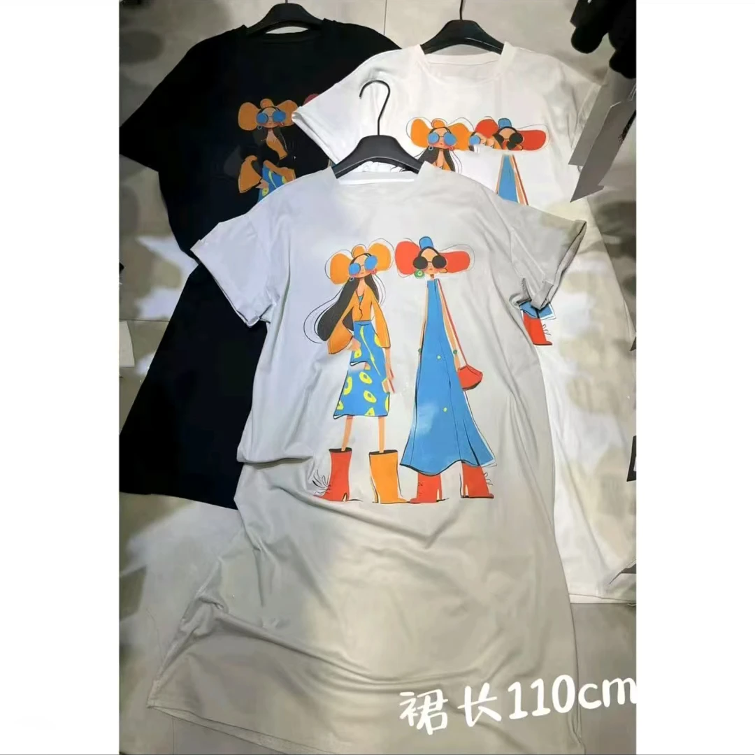 休闲风街头风夏季短袖长裙懒人连衣裙卡通百搭情侣半袖