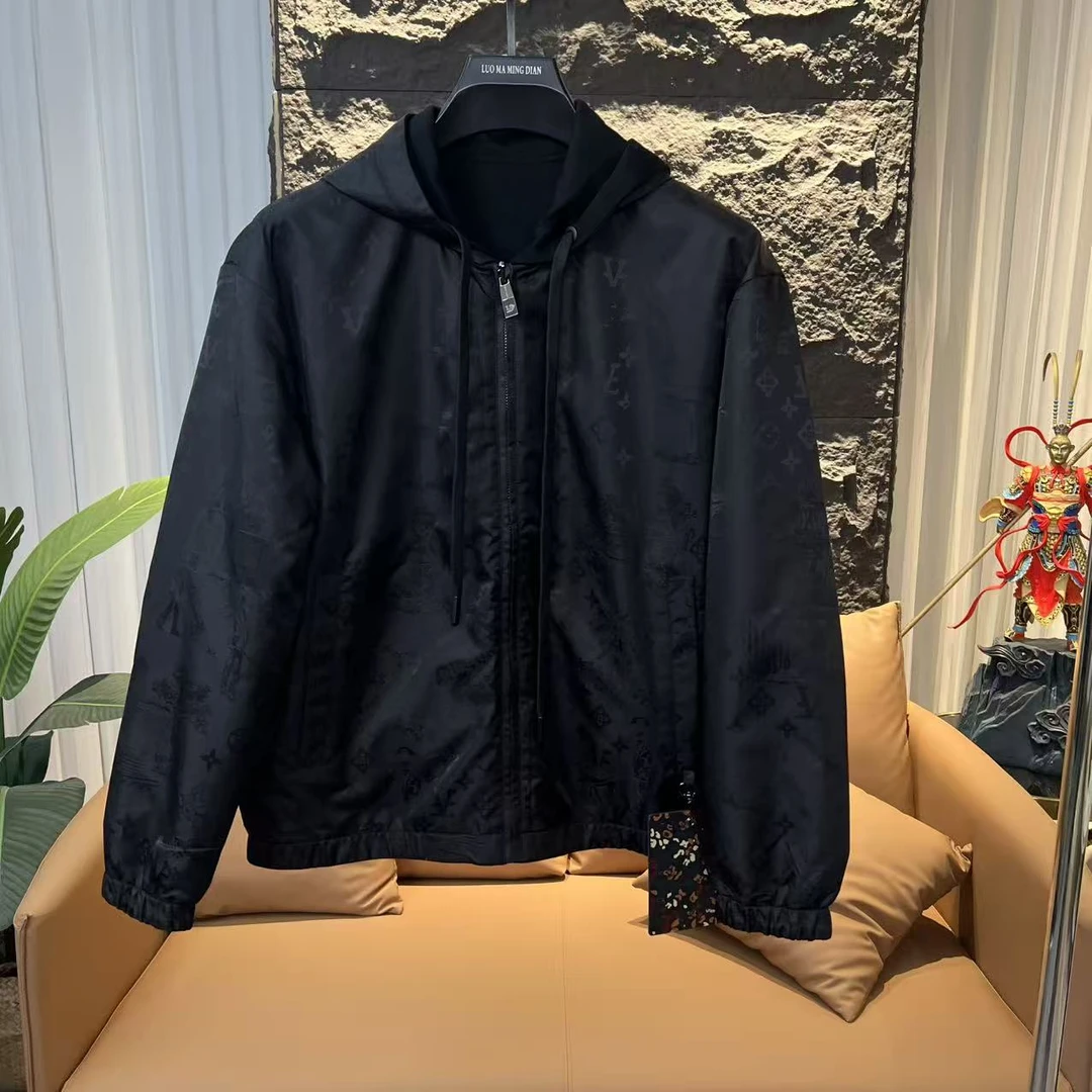 【VanJazny】新款男士潮流时尚字母图案连帽抽绳夹克913