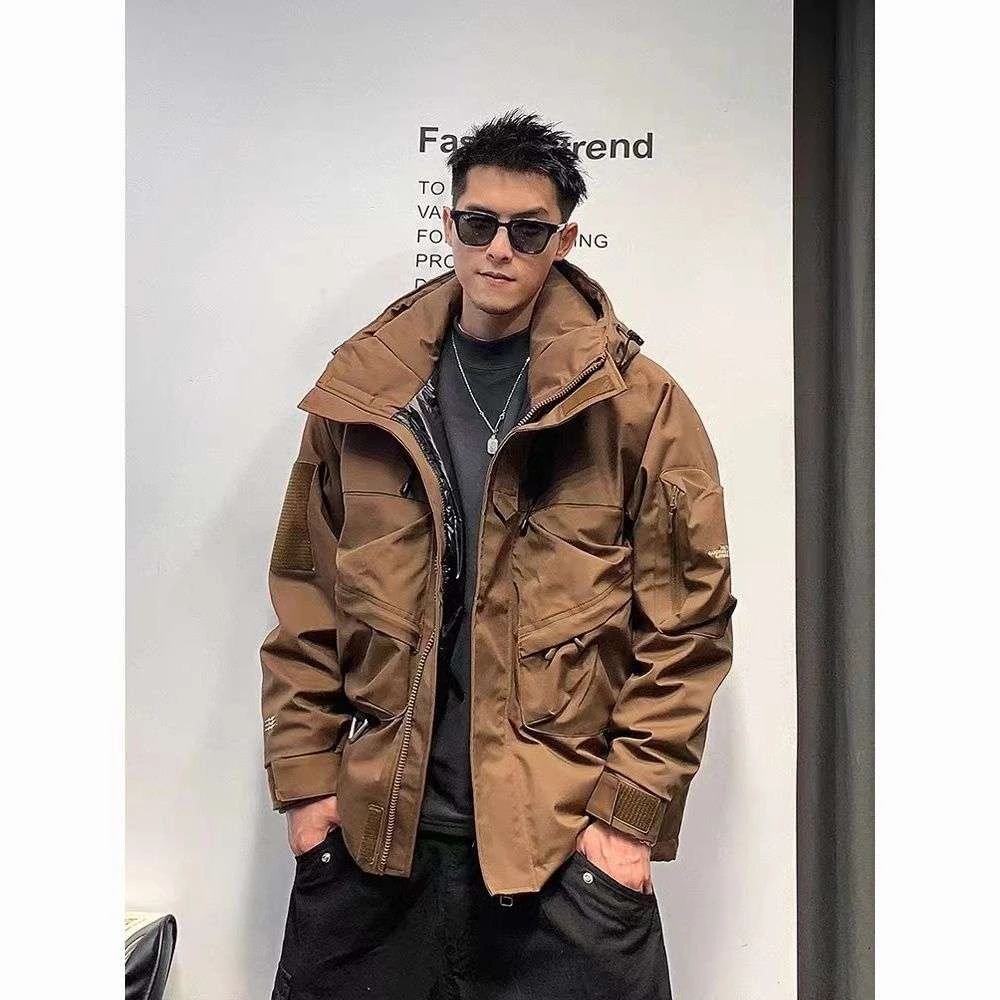 复古美式工装加厚男女同款冬季2025新款潮牌冲锋衣连帽鸭绒外套