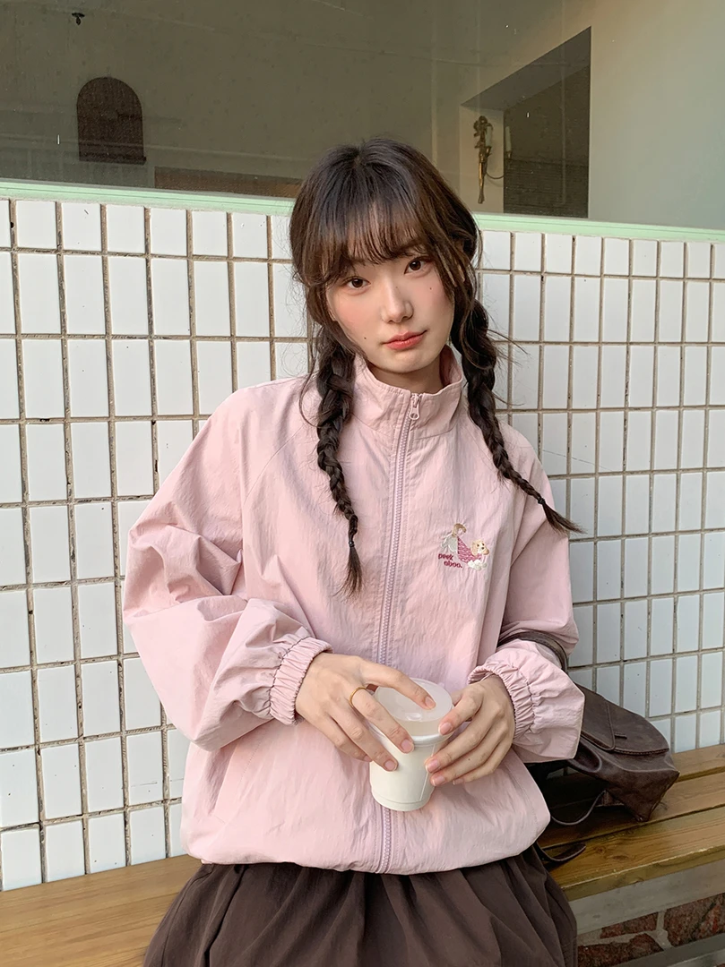 小狗刺绣外套女薄款开衫2025秋季新款立领衫宽松拉链防风防水上衣