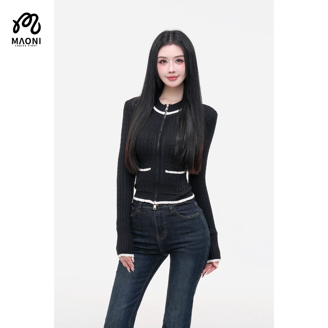 毛妮LADIESFIRST【彩虹漾边】小香风撞色设计感麻花针织开衫L2509