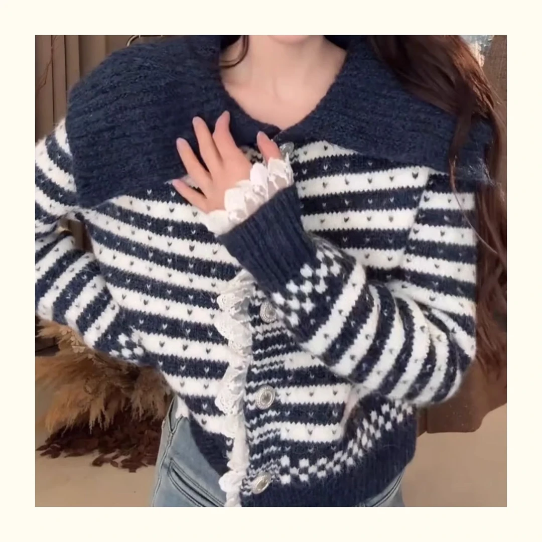 小香风翻领条纹针织开衫毛衣外套女小个子宽松软糯慵懒风秋冬上衣