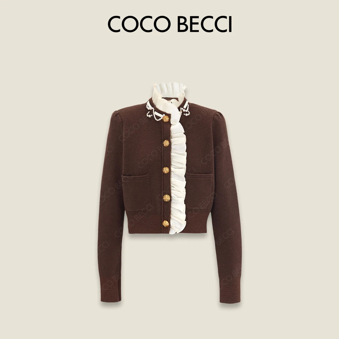 COCO BECCI【巴洛克千金】棕调咖色荷叶边针织开衫CFXYC231059
