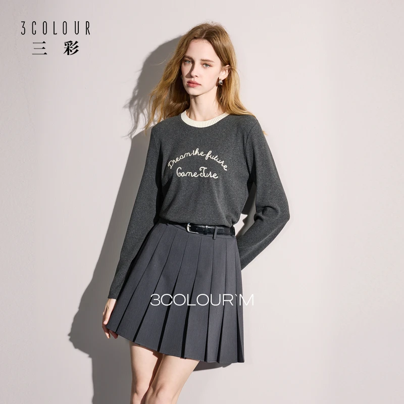 三彩2025秋季新款圆领长袖T恤字母绣花套头ins风百搭上衣女M