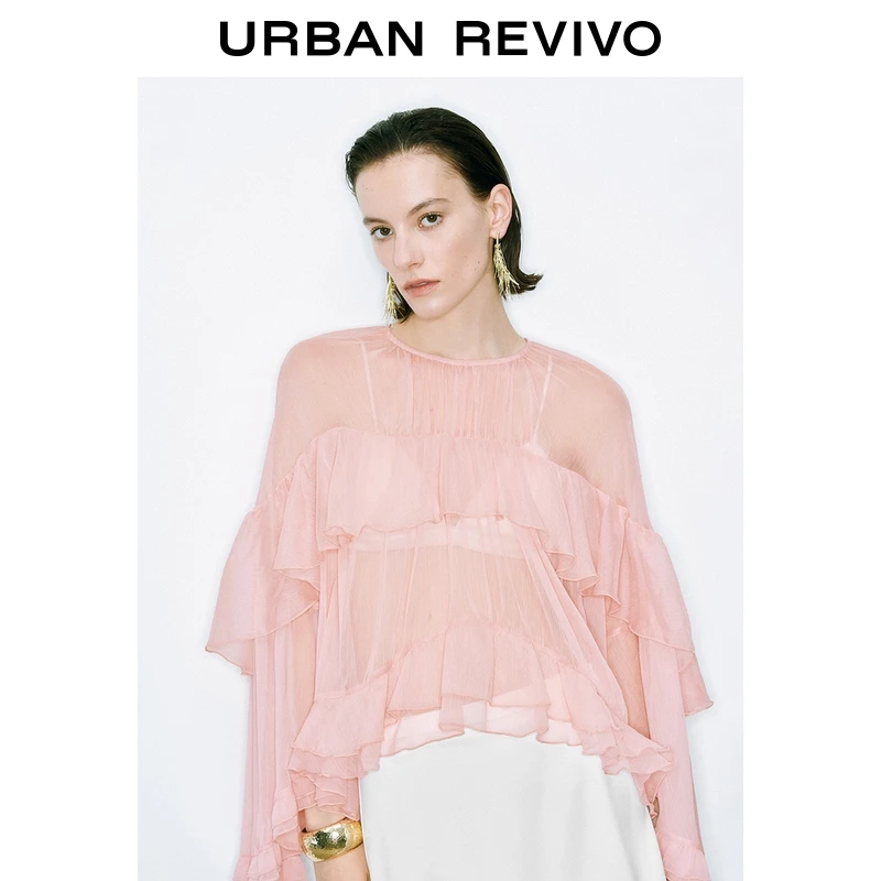 UR2025夏季新款女装荷叶边超宽松长袖罩衫衬衫UWG250158