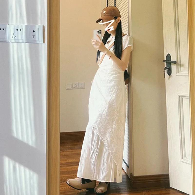 2815新中式国风连衣裙子女夏2025新款收腰小众设计假两件白色长裙