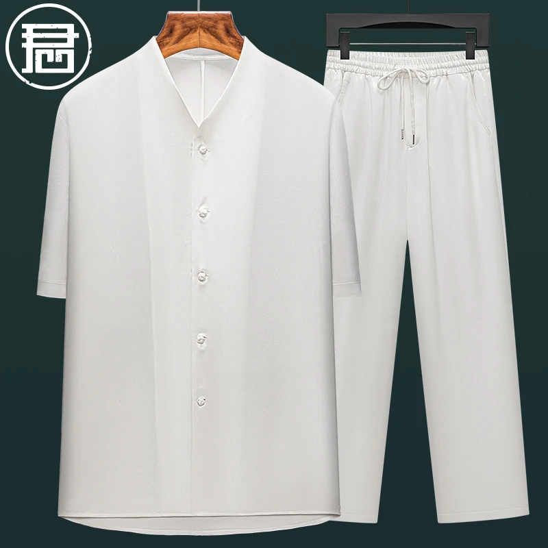 君子企鹅100%醋酸新中式男装衬衫国风短袖套装柔滑垂感V领唐装夏