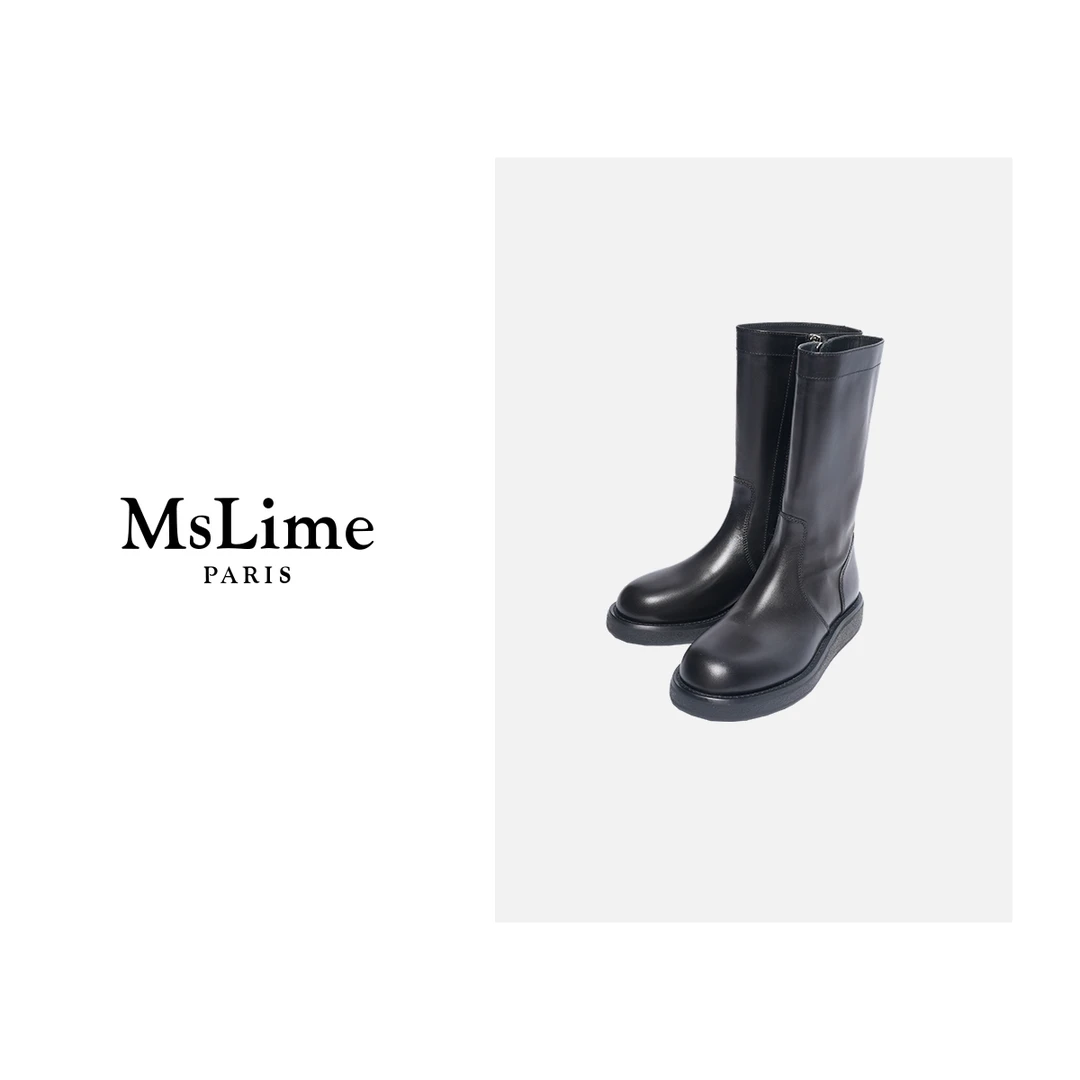 王嬛嬛MsLime新款牛皮黑色拉链长筒靴 HD2D0019