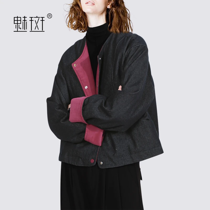 魅斑复古撞色拼接牛仔短款羽绒服女2025冬季白鸭绒夹克外套女