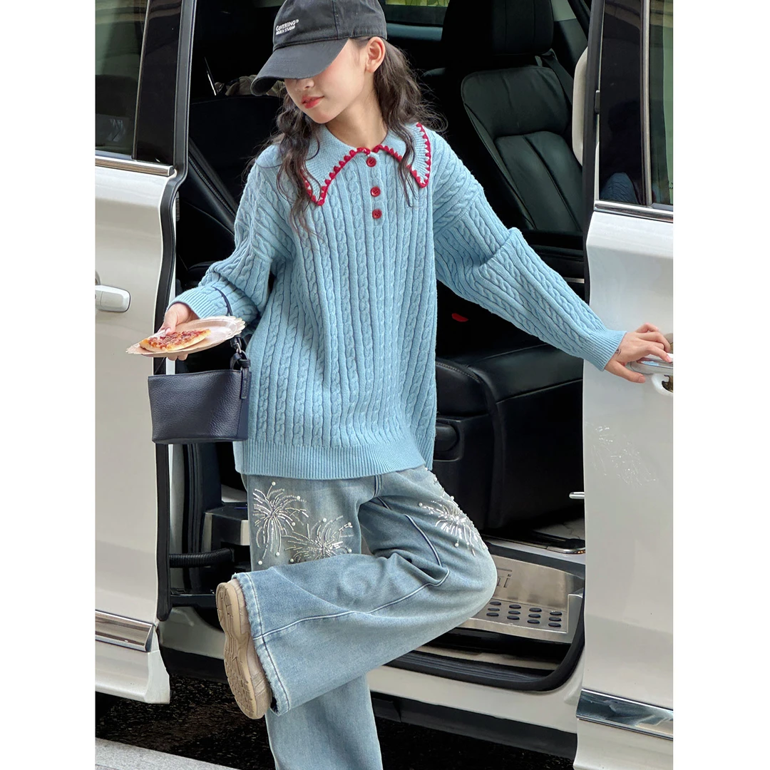 K30148孙小美翻领女童毛衣打底衫2025秋冬新款儿童上衣大童针织衫