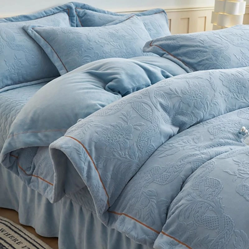 水星高档适用家纺公主风雕花牛奶绒床盖款加厚四件套牛奶绒双面绒