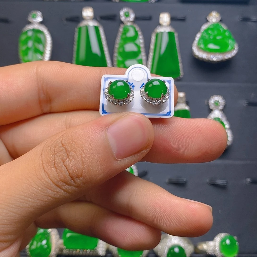 翡翠银S925镶嵌耳钉耳钉