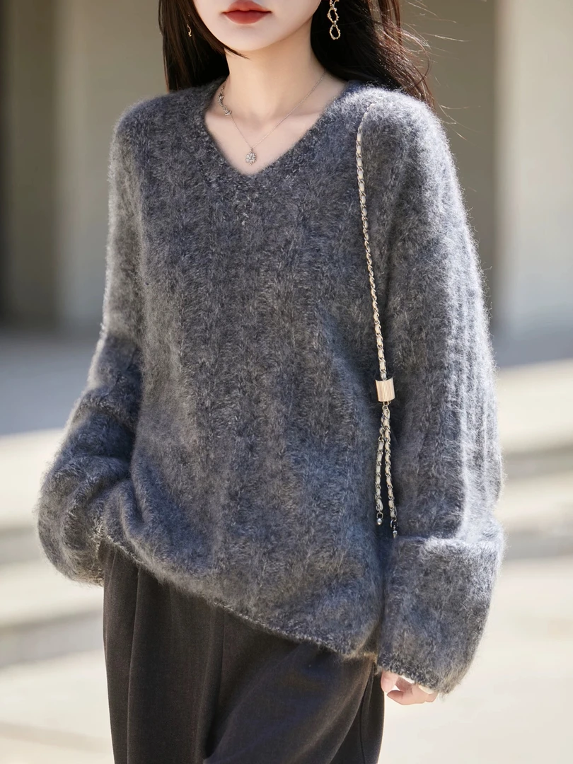 【现货V领拉绒400克】花纱升级绞花羊绒拉毛慵懒风百搭高克重AB混纺