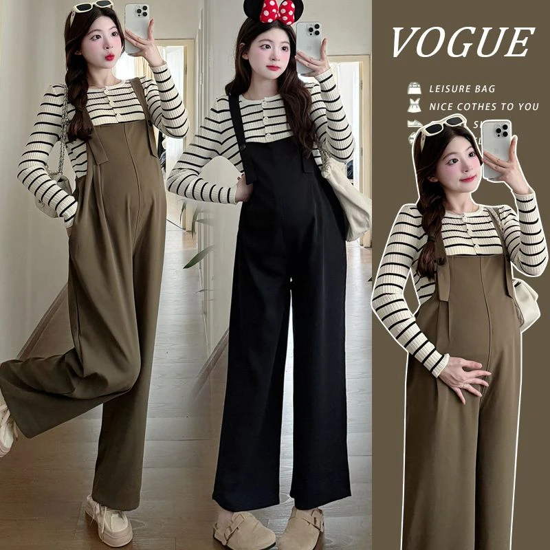 新款孕妇背带裤时尚外穿宽松直筒裤显瘦长裤+长袖条纹上衣两件套