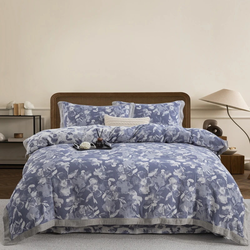 【花漾】-青花瓷-A类全棉双层纱色织提花四件套柔软亲肤纱布