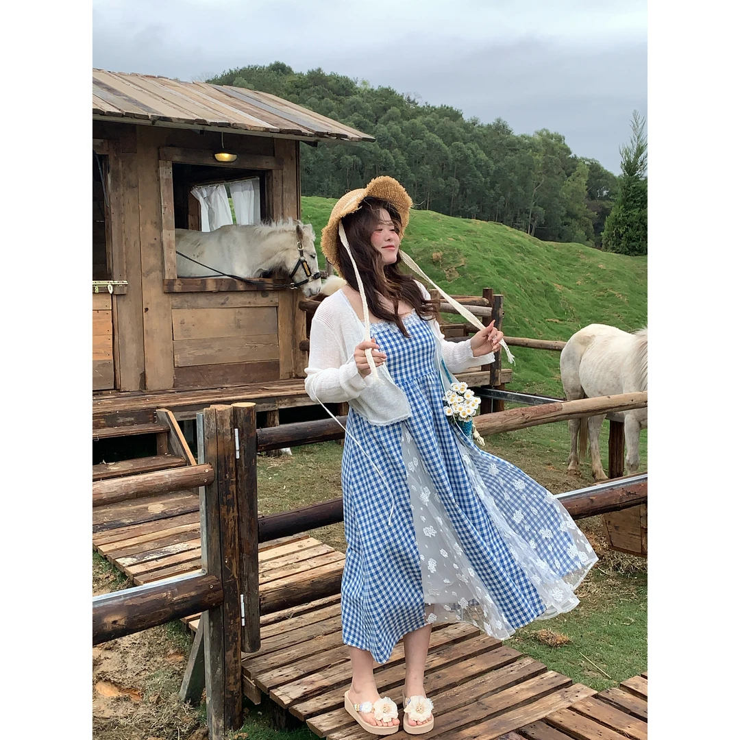 【雨棠酌春】Dottie Ting面包定制格纹拼接蕾丝吊带连衣裙Z5557