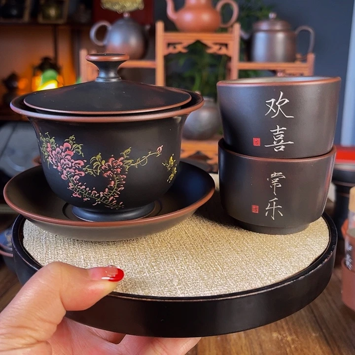 精品紫藤花盖碗套装