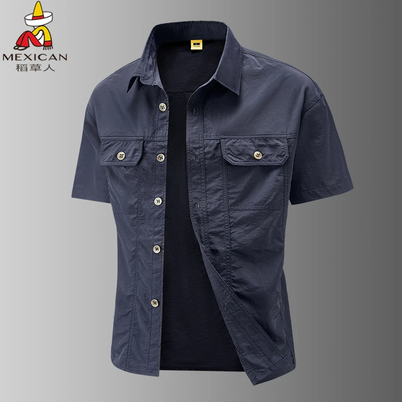 Mexican/稻草人夏季工装短袖衬衫男士宽松免烫衬衣户外休闲打底衫