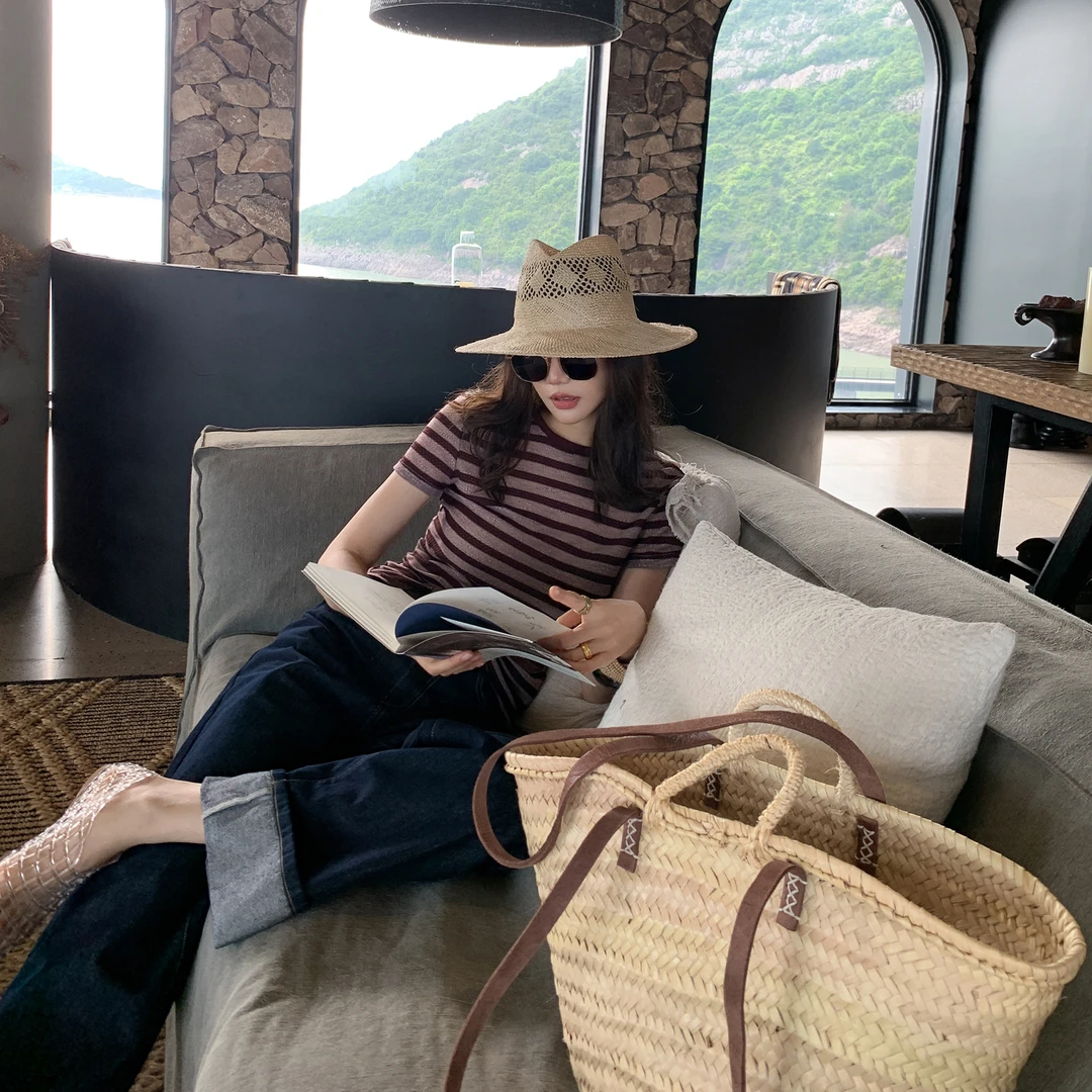 【ALONE SAVOR】龍喜儿 绯纹 时尚百搭撞色显瘦酒红条纹t恤J339