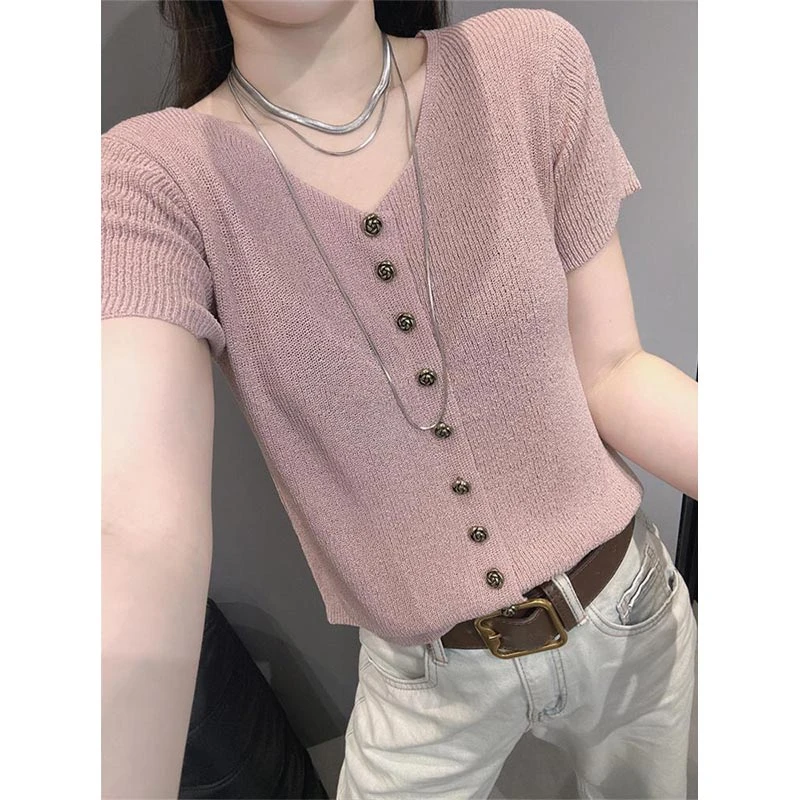 2025夏季新款修身V领短袖开衫女针织衫性感镂空气质外搭罩衫上衣