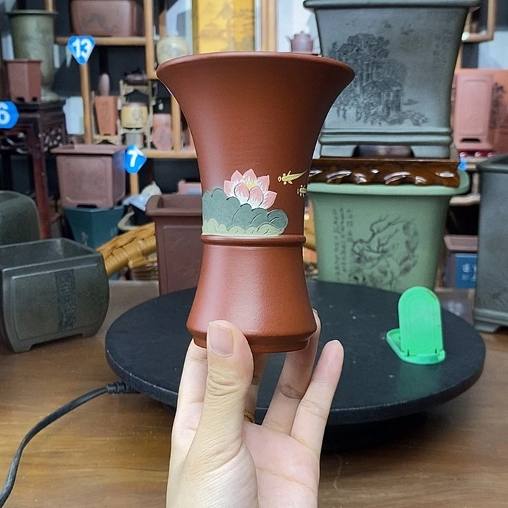 紫砂花盆大红袍彩绘