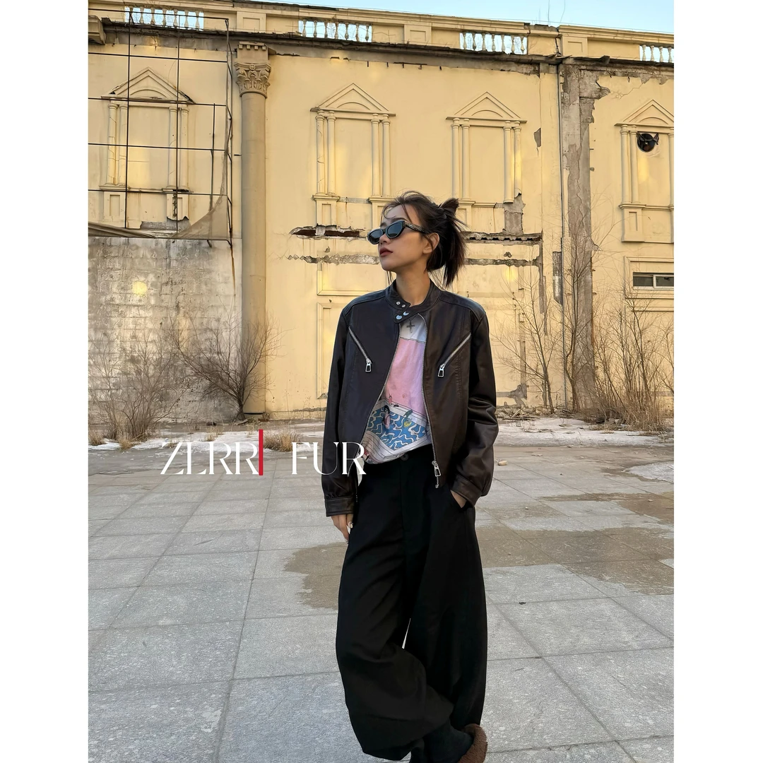 【ZLRR】复古休闲短款小立领机车风斜拉链绵羊皮油蜡皮外套675