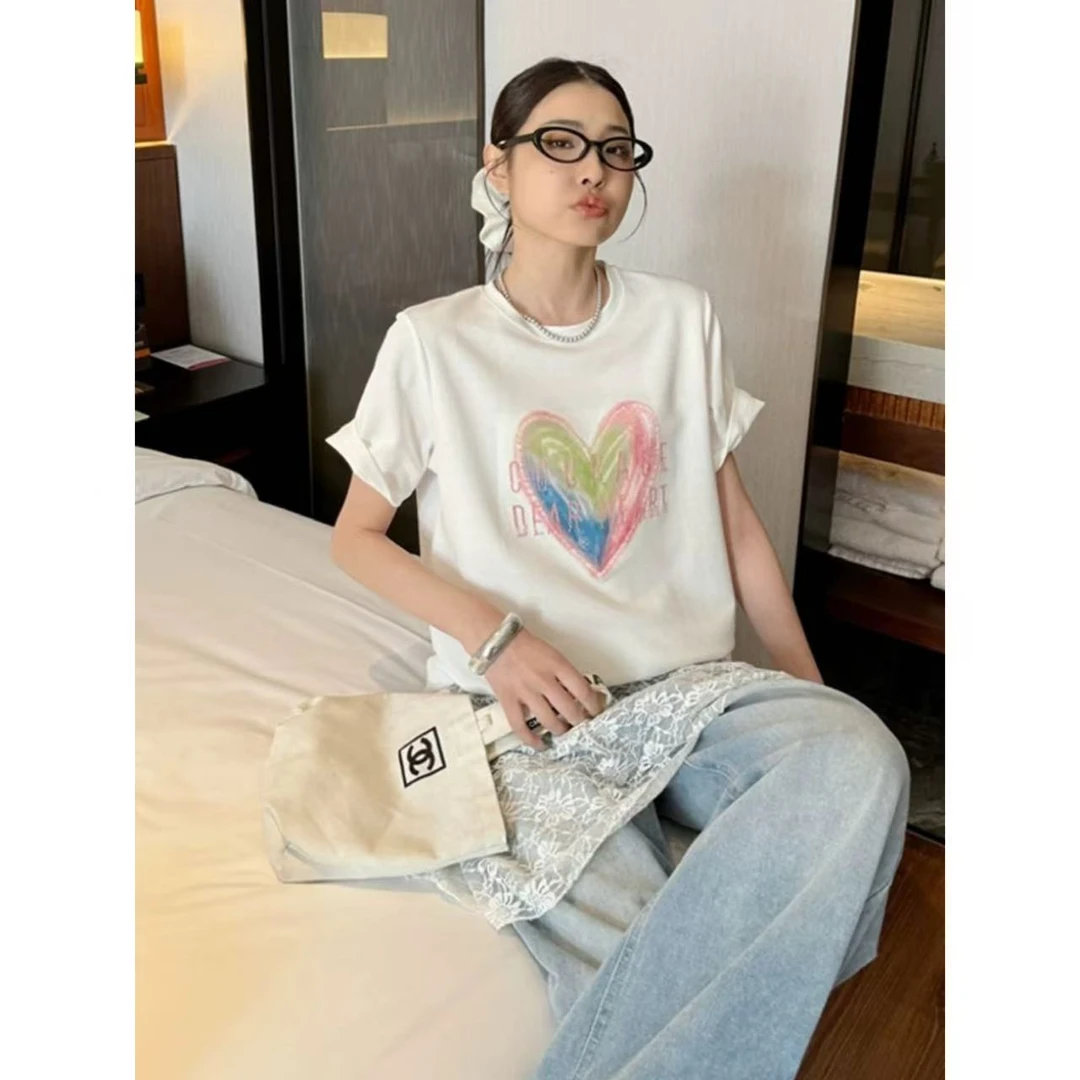 3D立体爱心印花字母刺绣T恤（衣长68左右）
