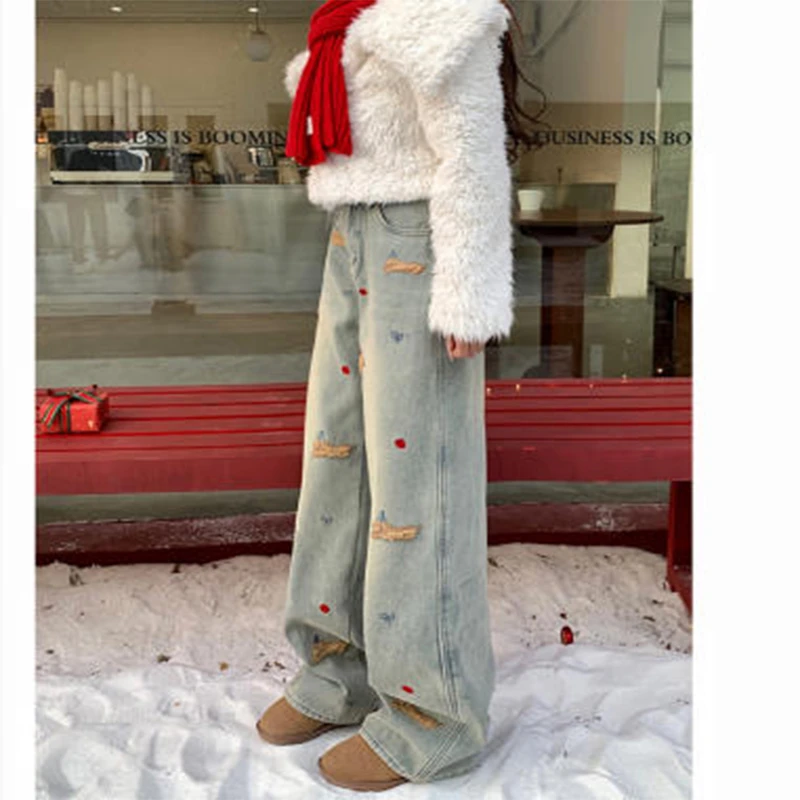 单裤卡通腊肠狗刺绣加绒直筒裤牛仔裤女2025高腰窄版