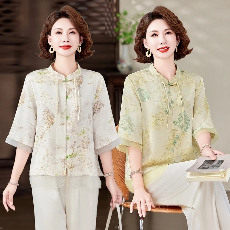 妈妈夏装套装2025新款雪纺小衫洋气短袖t恤中老年女装时尚上衣服