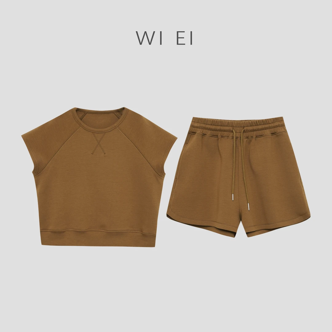 《WI EI》麦芽糖*美式 运动风 上衣+短裤宽松 休闲套装 23538