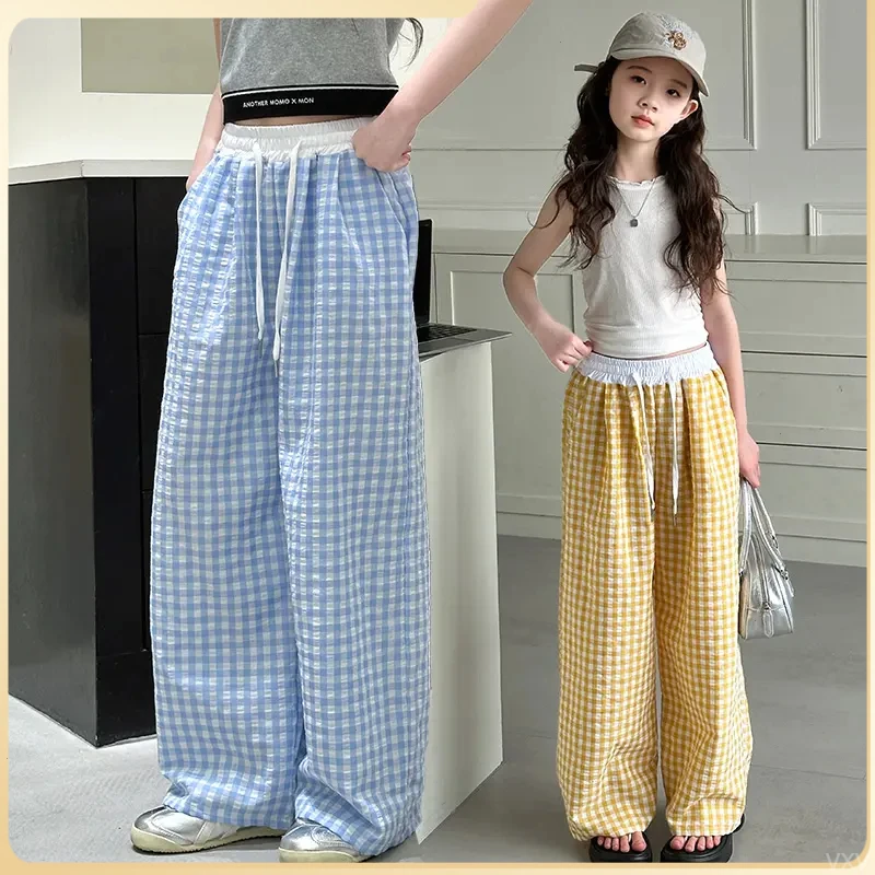 女童夏装时髦格子裤2025新款洋气宽松阔腿裤韩版女孩百搭儿童裤子