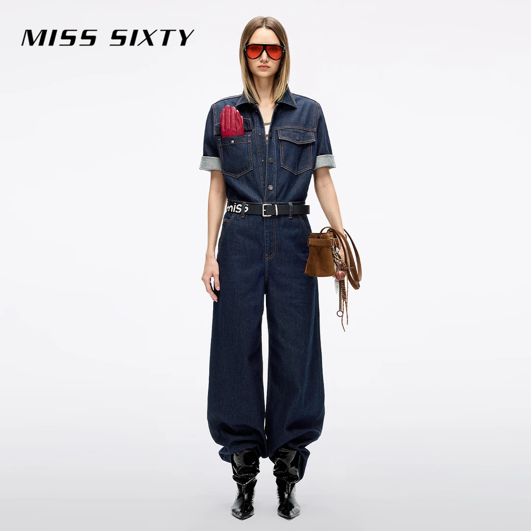 Miss Sixty2025秋季新款牛仔连体裤女复古工装风高腰阔腿裤流光风