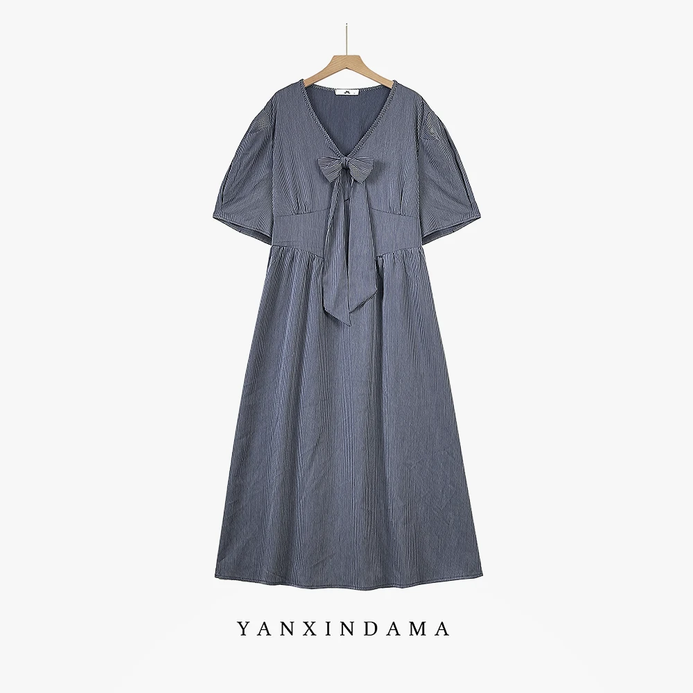 大码女装300斤胖MM设计感纯色简约气质蝴蝶结连衣裙10034