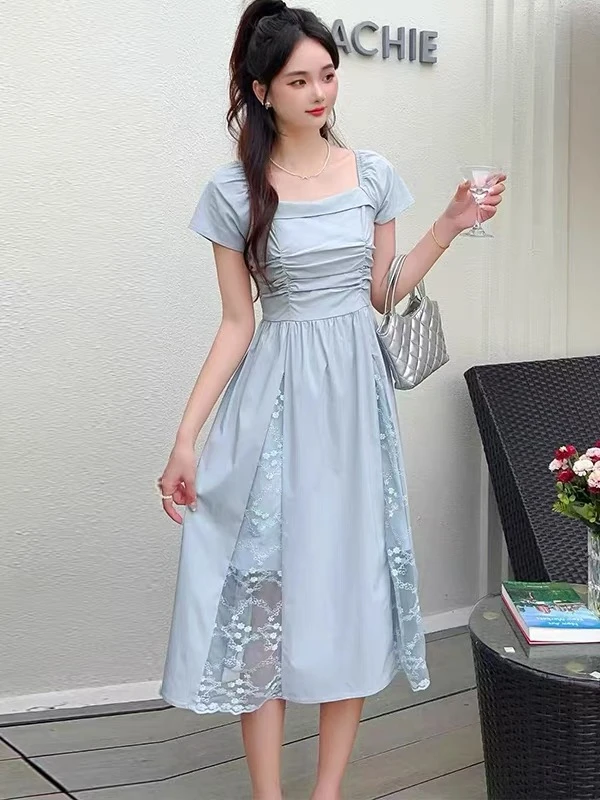 设计感连衣裙蕾丝拼接裙夏季温柔方领气质拼接-6506