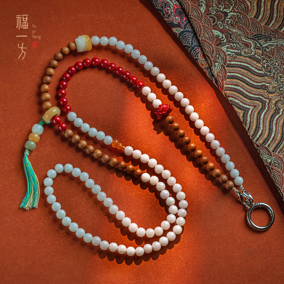 天然辰砂福一方朱砂菩提手机绳精雕莲花男手机链斜跨绳精致檀木女