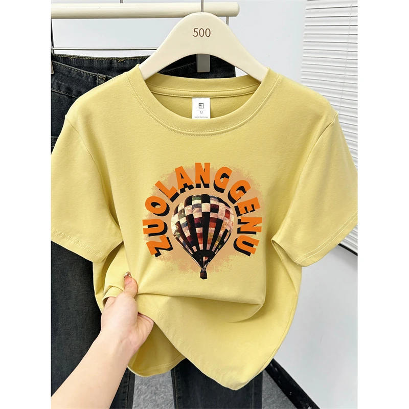潮牌热气球印花正肩短袖T恤夏季大码女装遮肉胖mm半袖上衣体恤衫