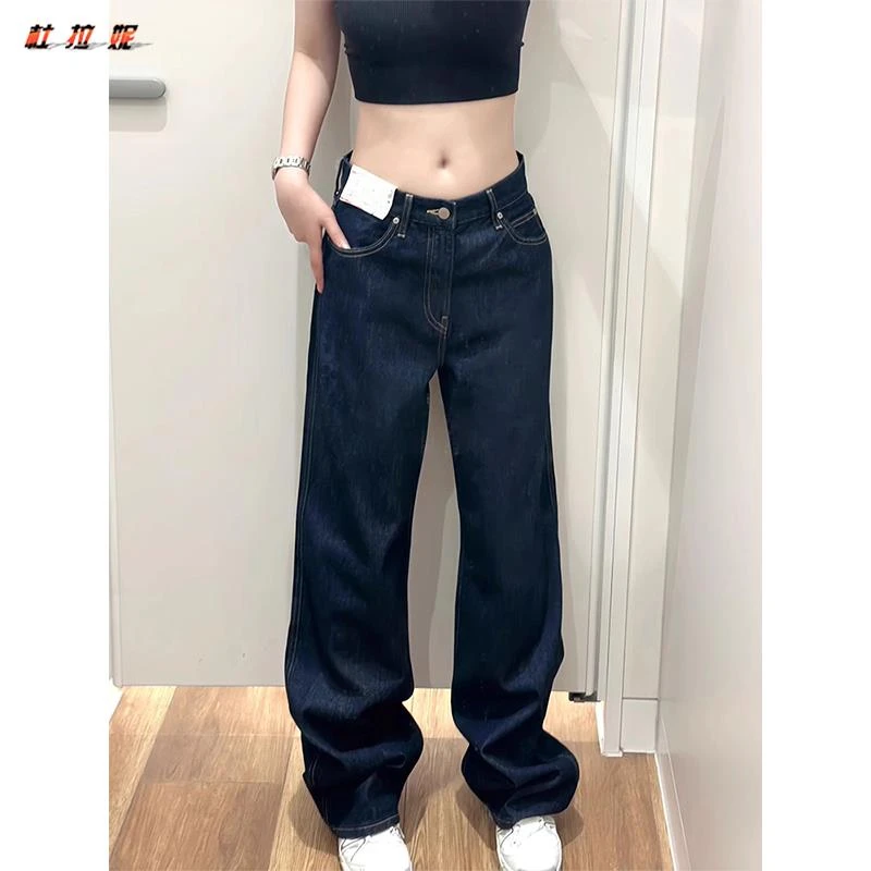 杜拉妮深蓝色阔腿牛仔裤女2025夏季新款高腰宽松百搭窄版直筒裤子