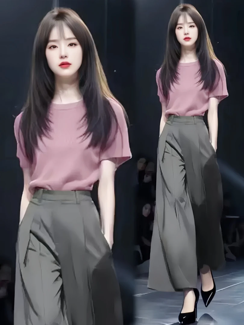 夏季新款时尚套装女洋气显瘦短袖高腰阔腿裤休闲气质两件套女神范