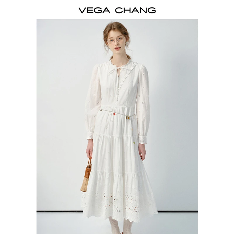 VEGA CHANG连衣裙女2025年秋季新款镂空设计通勤百搭白色连衣裙