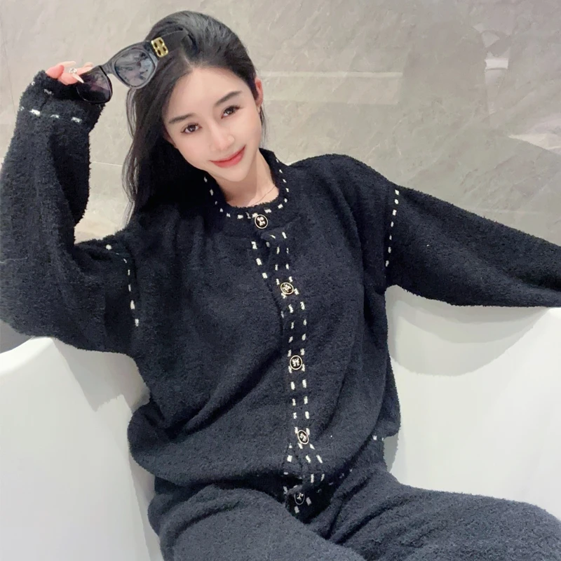 秋冬睡衣女士羽毛纱半边绒小香风甜美保暖开衫家居服套装可外穿