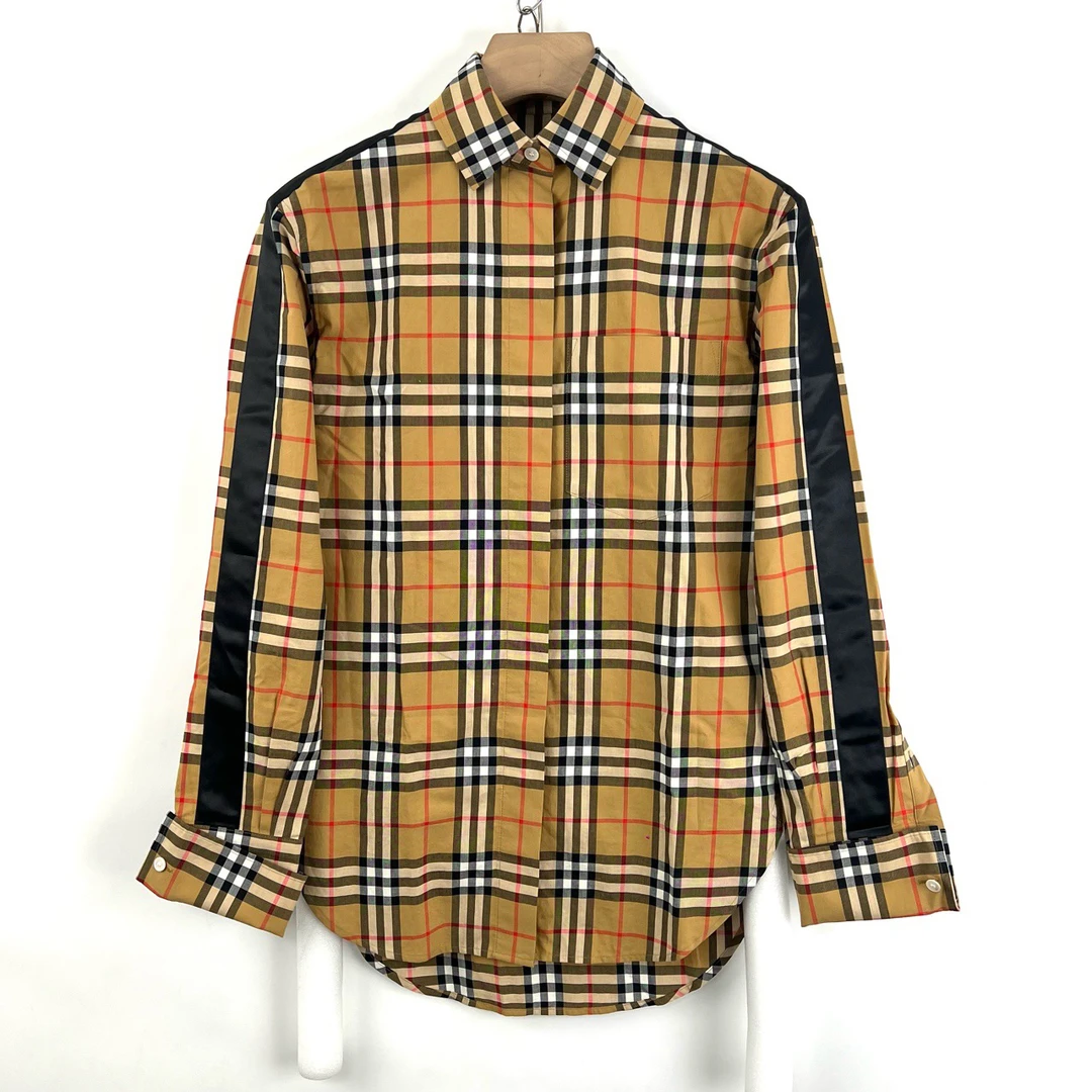 99新 BURBERRY/博柏利 uk2码/经典黑边绸缎格子衬衫/05478