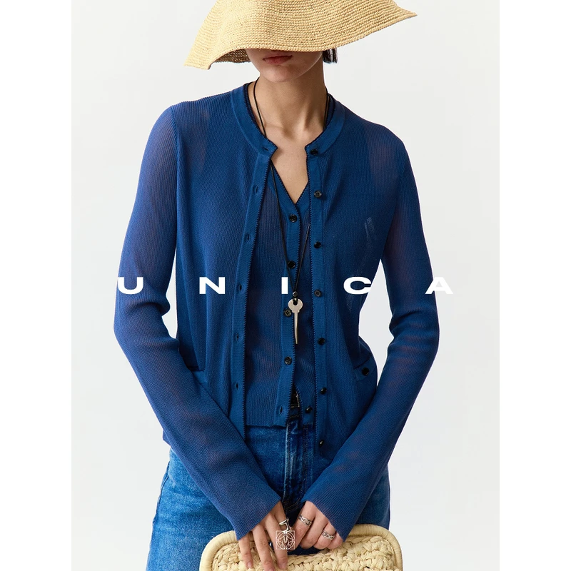 UNICA/精致优雅定纺棉柔软微透干爽透视针织圆领开衫马甲短袖套装