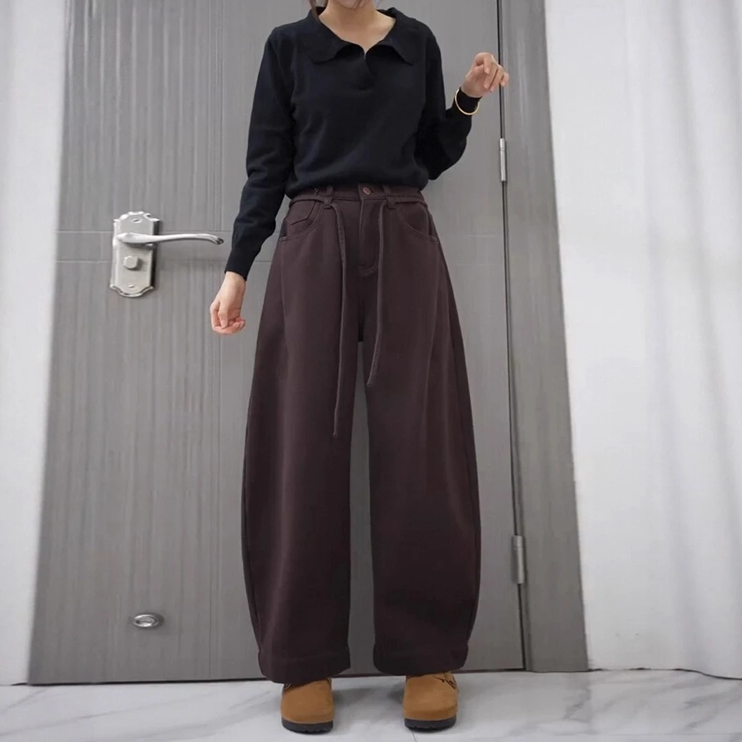 加绒弯刀阔腿牛仔裤女秋冬新款大码显瘦梨形身材高腰宽松直筒长裤