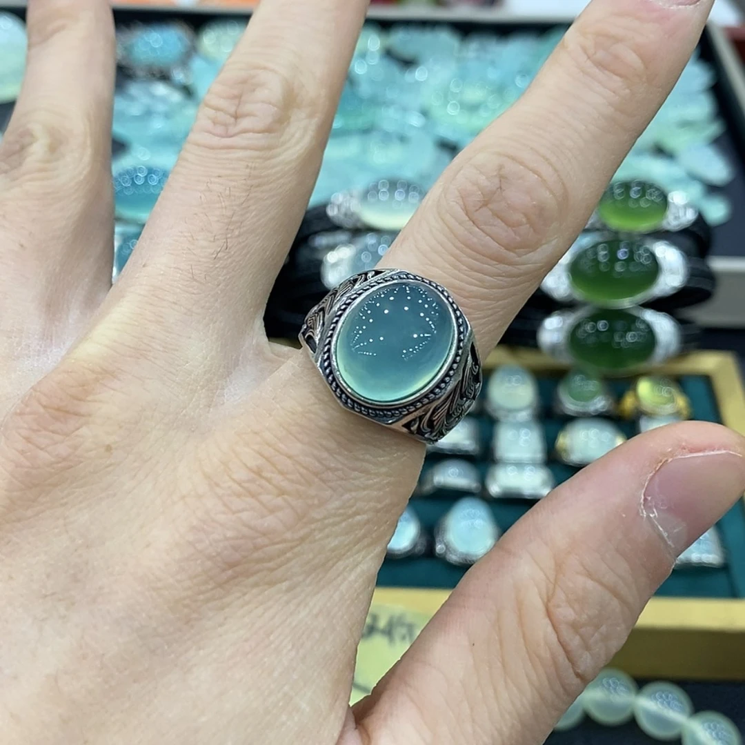 【闪购商品】银S925镶嵌蛇纹石玉戒指