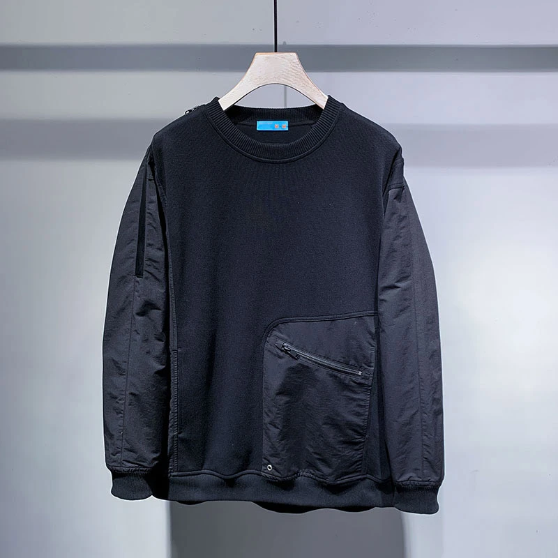 DeweLvum潮流梭织拼料休闲卫衣男款个性口袋痞帅针织套头外套男装