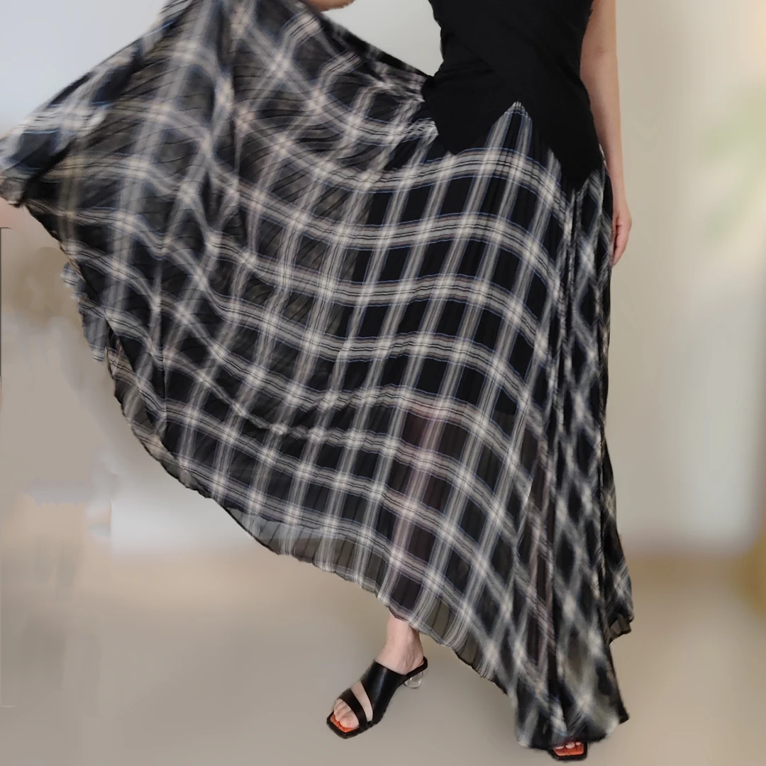 时尚潮流格纹印花薄款连衣裙女装半身裙中长裙拼接A型百搭大摆裙